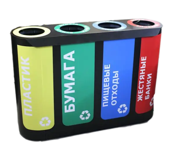 Урна для раздельного сбора мусора Альтернатива-4 с наклейками: пластик / бумага / пищевые отходы /жесткие банки, кольцо под пакет, 3х50 л