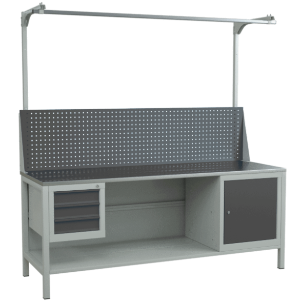 Верстак 2000 с экраном с консолями, тумбой и подвесной тумбой с 3 ящиками [9614]