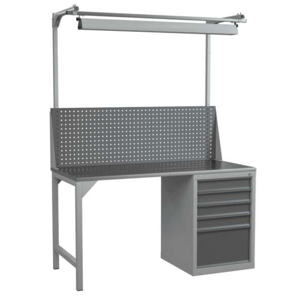 Верстак 1500 с тумбой с выдвижными ящиками, светильником и экраном с консолями [18323]