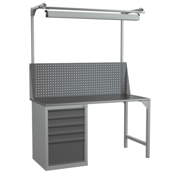 Верстак 1500 с тумбой с выдвижными ящиками, светильником и экраном с консолями [18326]