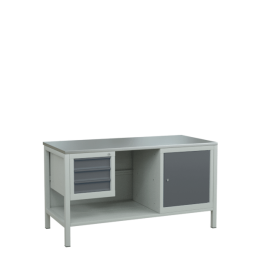 Верстак 1500 с полкой из промежуточных панелей, подвесной тумбой с 3 ящиками, тумбой с дверцей и полкой [9547]