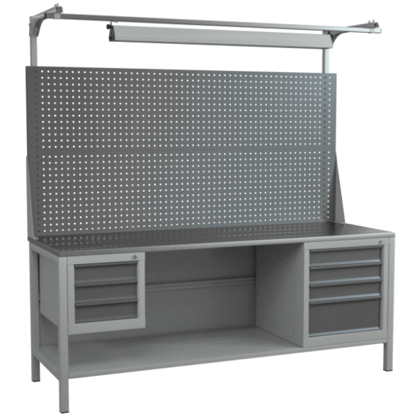 Верстак 2000 со светильником, полкой, двойным экраном, тумбой с 4 выдвижными ящиками, подвесной тумбой с 3 ящиками [18249]