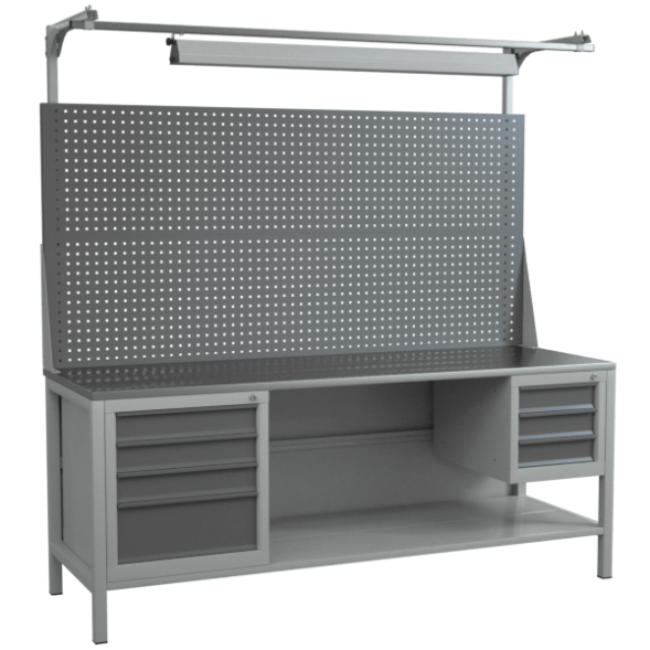 Верстак 2000 со светильником, полкой, двойным экраном, тумбой с 4 выдвижными ящиками, подвесной тумбой с 3 ящиками [18249]