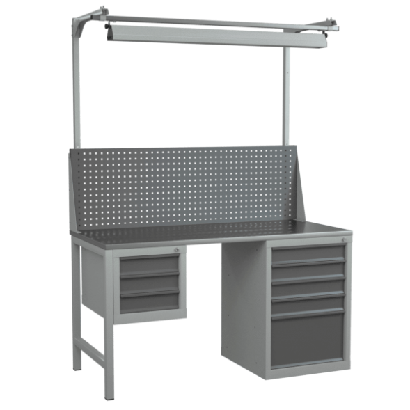 Верстак 1500 с экраном с консолями, светильником и 2 инструментальными тумбами [18353]