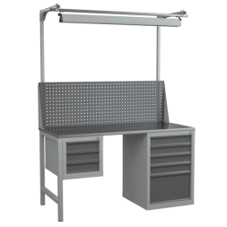 Верстак 1500 с экраном с консолями, светильником и 2 инструментальными тумбами [18354]