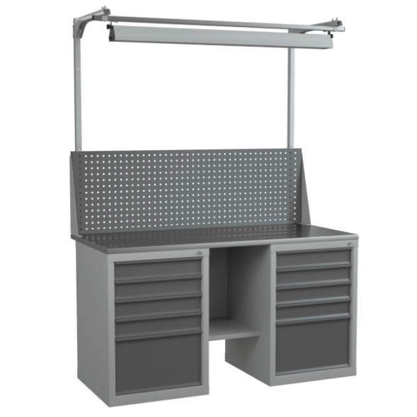 Верстак 1500 с 2 тумбами, светодиодным светильником, экраном с консолями и полкой-стенкой [18367]