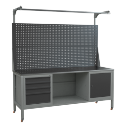 Верстак 2000 с колёсами, двойным экраном и тумбой с 4 выдвижными ящиками и тумбой с дверцей и полкой [17085]