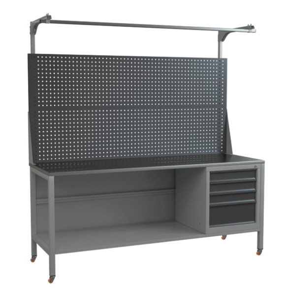 Верстак 2000 с колёсами, двойным экраном и тумбой с 4 выдвижными ящиками [17089]