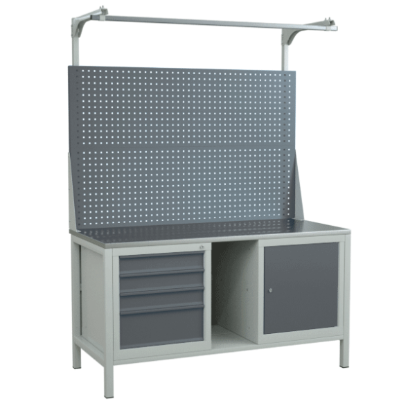 Верстак 1500 с 2 тумбами, двойным экраном и полкой из промежуточных панелей [9492]