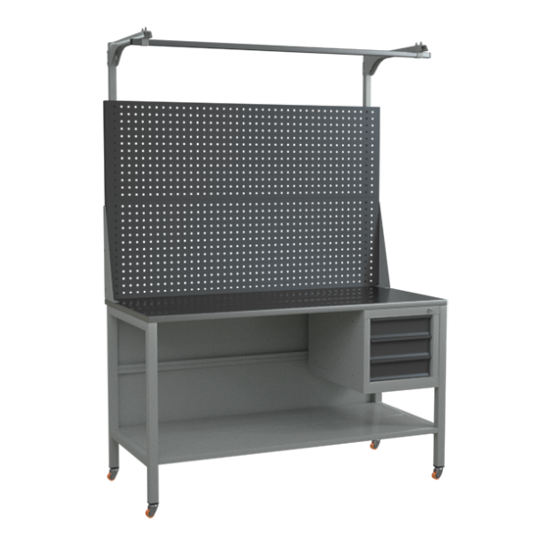 Верстак 1500 с двойным экраном, полкой, подвесной тумбой и поворотными колёсами [16993]